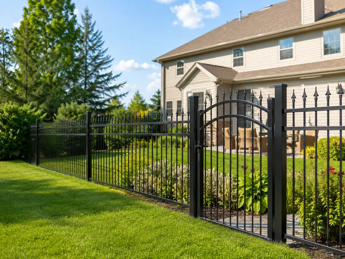 Black aluminum ornamental fence with gate